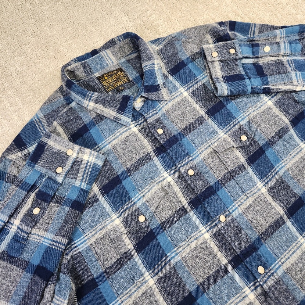 Lucky Brand Shirt Men Large Western Pearl Snap Flannel Blue Plaid Button Cotton‎